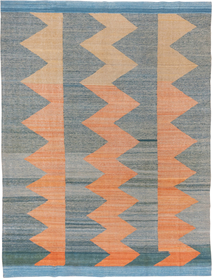 8' x 11' one-of-a-kind handmade vintage Kilim large size rug. Color palette: blue, peach, sky_blue, sand, slate, teal