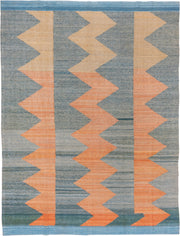 8' x 11' one-of-a-kind handmade vintage Kilim large size rug. Color palette: blue, peach, sky_blue, sand, slate, teal