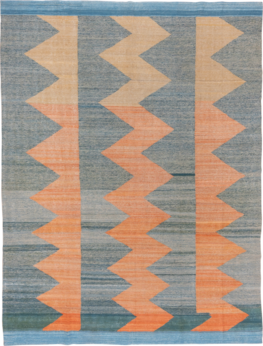 8' x 11' one-of-a-kind handmade vintage Kilim large size rug. Color palette: blue, peach, sky_blue, sand, slate, teal
