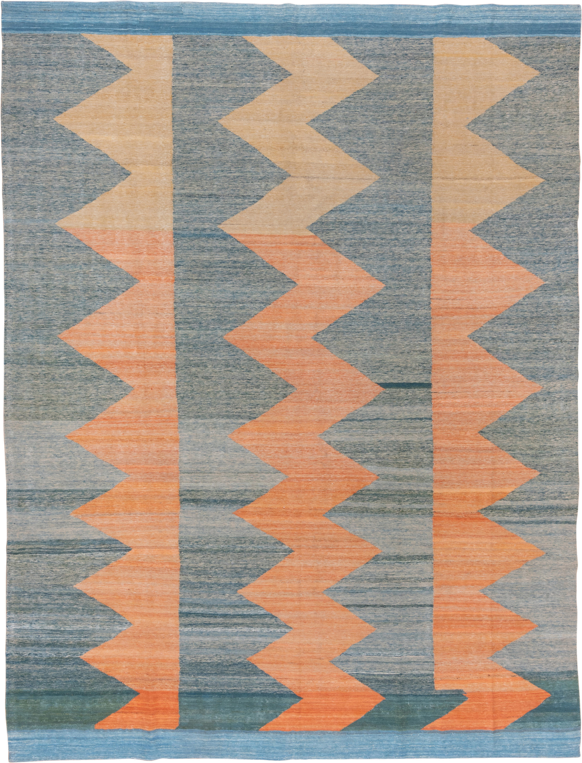 8' x 11' one-of-a-kind handmade vintage Kilim large size rug. Color palette: blue, peach, sky_blue, sand, slate, teal