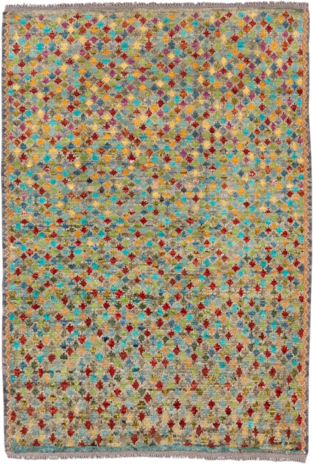 3' x 4' one-of-a-kind handmade vintage Gabbe small size rug. Color palette: taupe, turquoise, rust, gold, crimson, sage