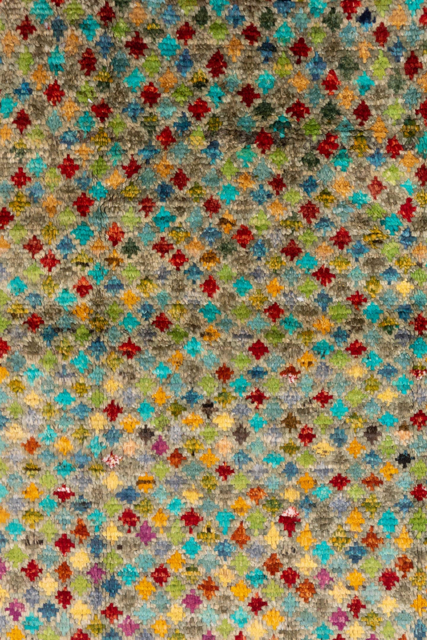 3' x 4' one-of-a-kind handmade vintage Gabbe small size rug. Color palette: taupe, turquoise, rust, gold, crimson, sage
