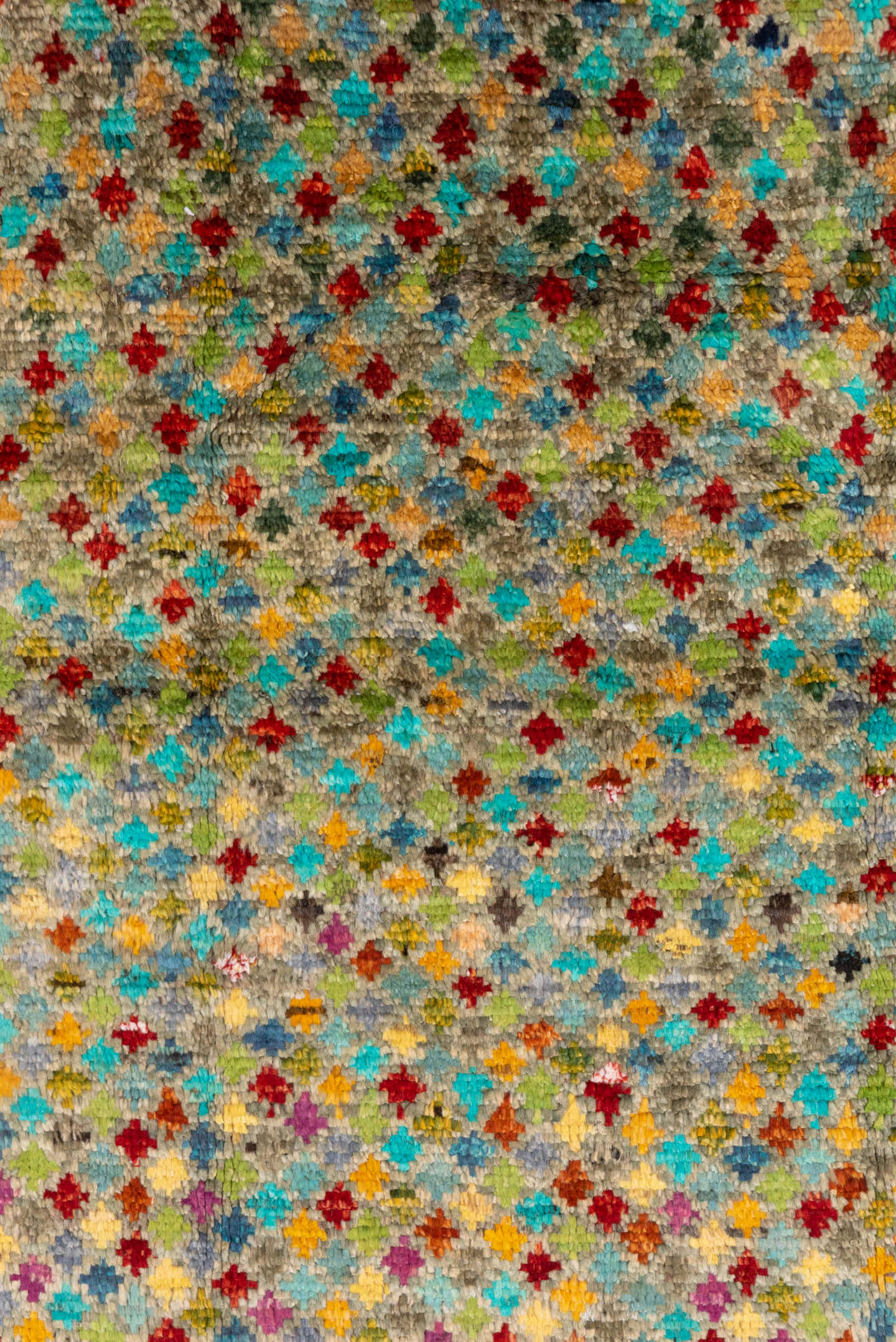 3' x 4' one-of-a-kind handmade vintage Gabbe small size rug. Color palette: taupe, turquoise, rust, gold, crimson, sage