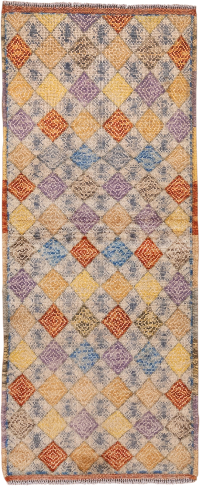 2' x 5' one-of-a-kind handmade vintage Gabbe small size rug. Color palette: ivory, gold, lavender, rust, sky blue, camel