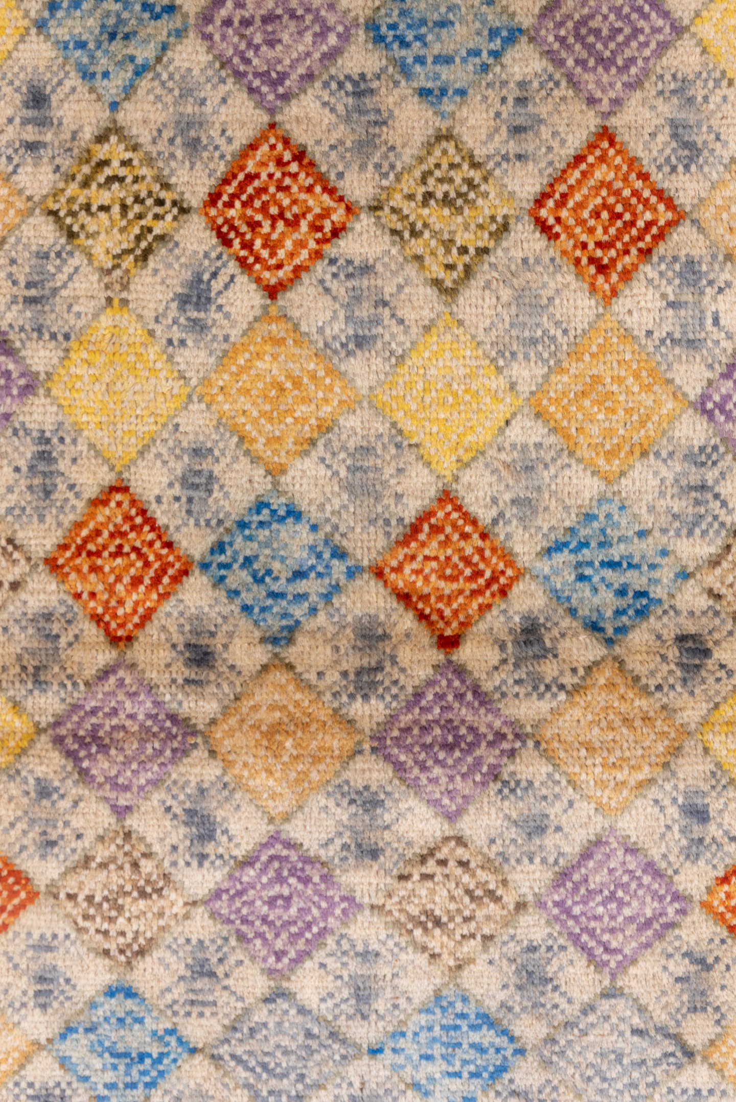 2' x 5' one-of-a-kind handmade vintage Gabbe small size rug. Color palette: ivory, gold, lavender, rust, sky blue, camel