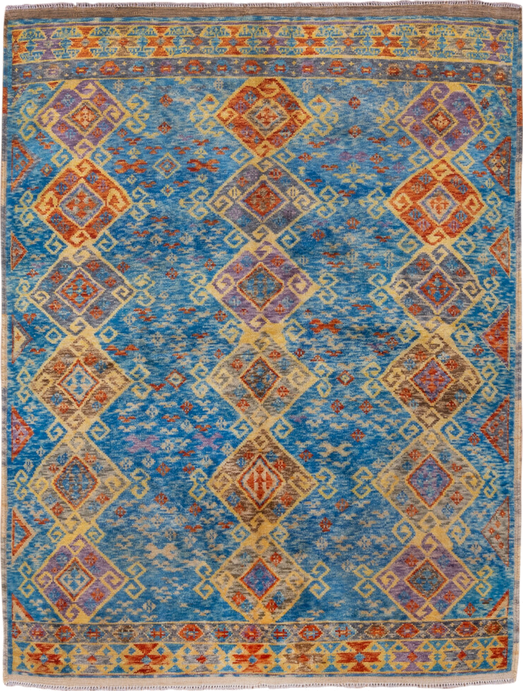 5' x 6' one-of-a-kind handmade vintage Gabbe rug. Color palette: sky blue, ivory, rust, gold, lavender, taupe, slate