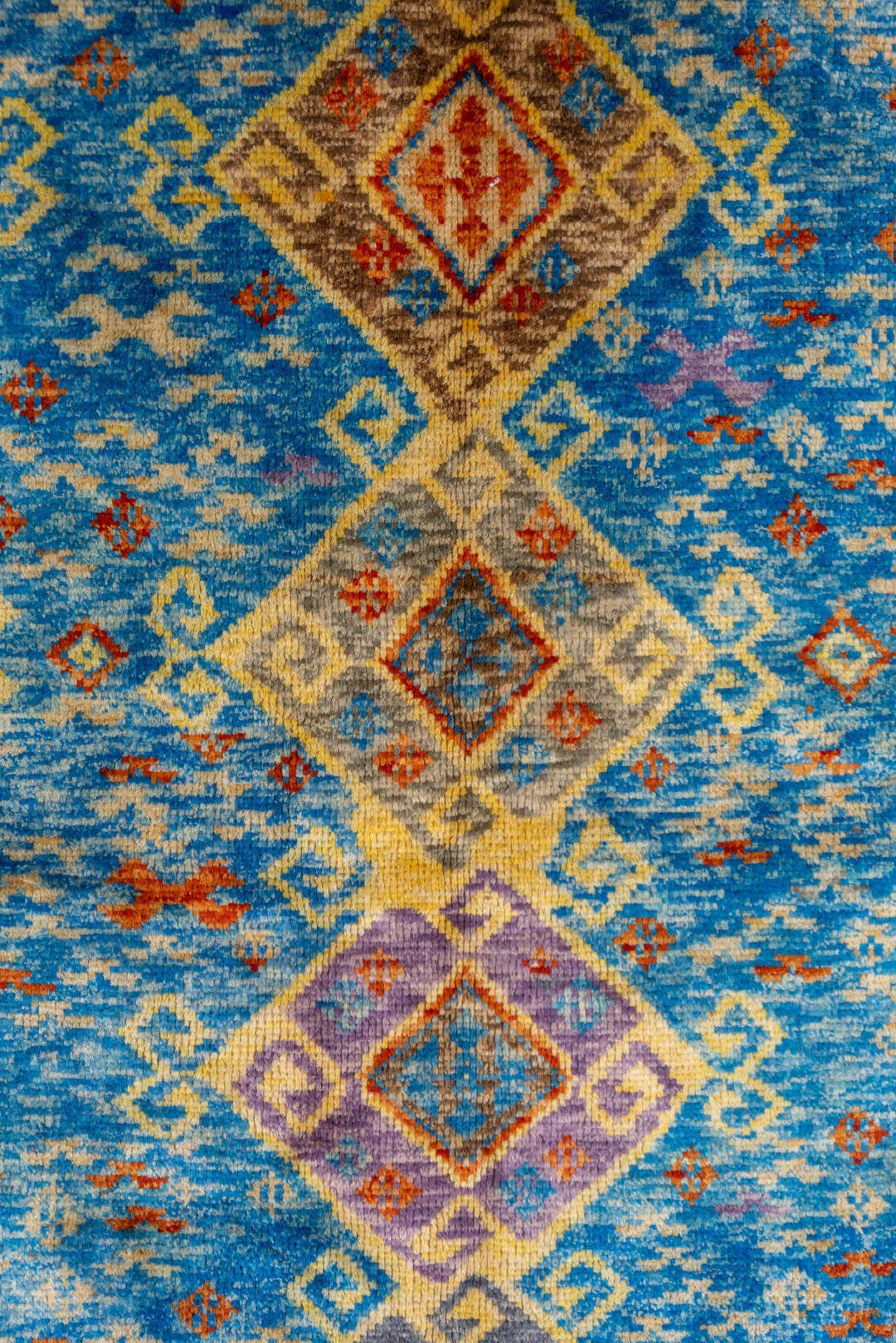 5' x 6' one-of-a-kind handmade vintage Gabbe rug. Color palette: sky blue, ivory, rust, gold, lavender, taupe, slate