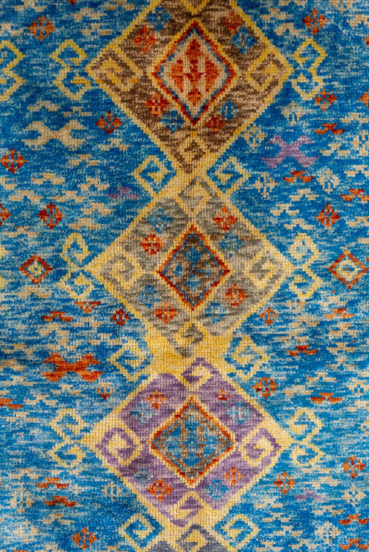 5' x 6' one-of-a-kind handmade vintage Gabbe rug. Color palette: sky blue, ivory, rust, gold, lavender, taupe, slate