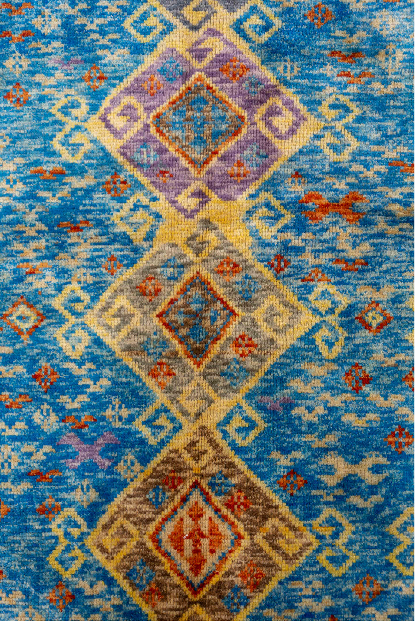 5' x 6' one-of-a-kind handmade vintage Gabbe rug. Color palette: sky blue, ivory, rust, gold, lavender, taupe, slate