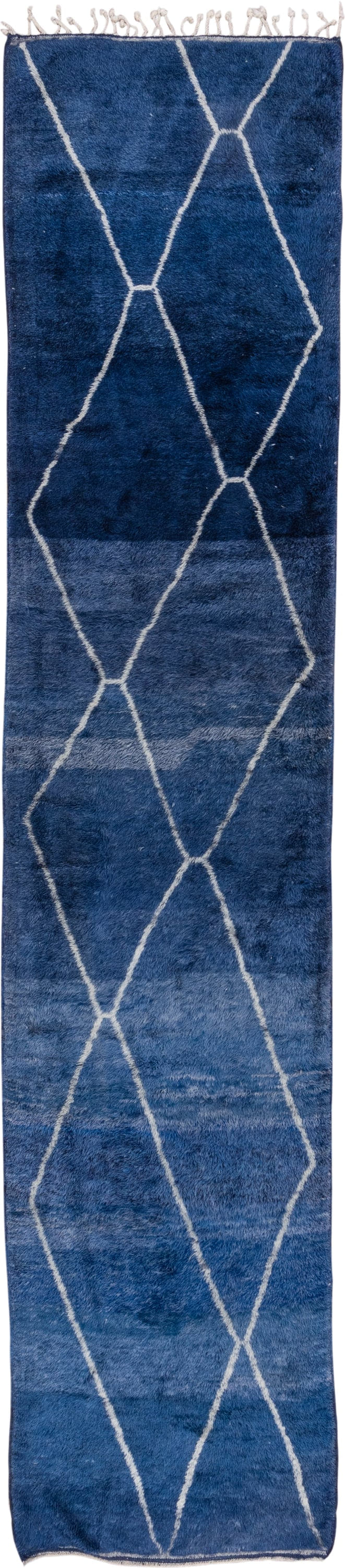 3' x 15' one-of-a-kind handmade vintage Moroccan runner rug. Color palette: navy, ivory, slate, blue, gray