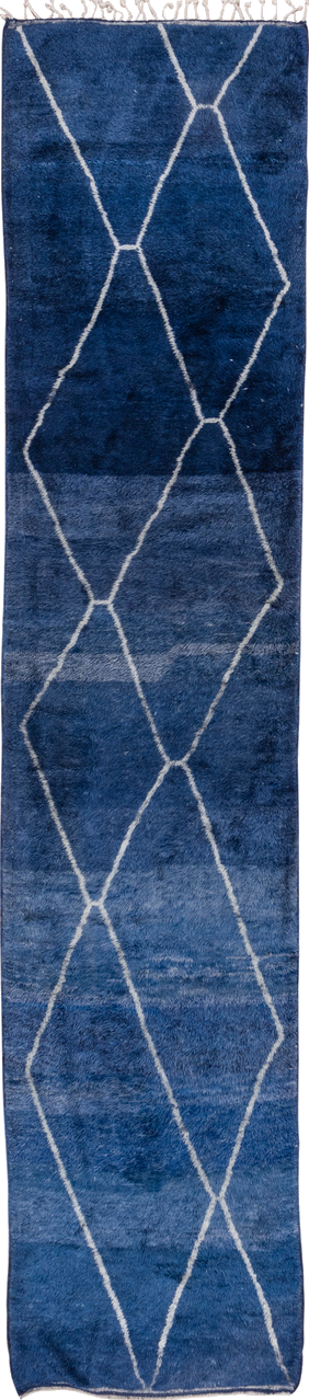 3' x 15' one-of-a-kind handmade vintage Moroccan runner rug. Color palette: blue, gray, light gray, off-white, silver, snow