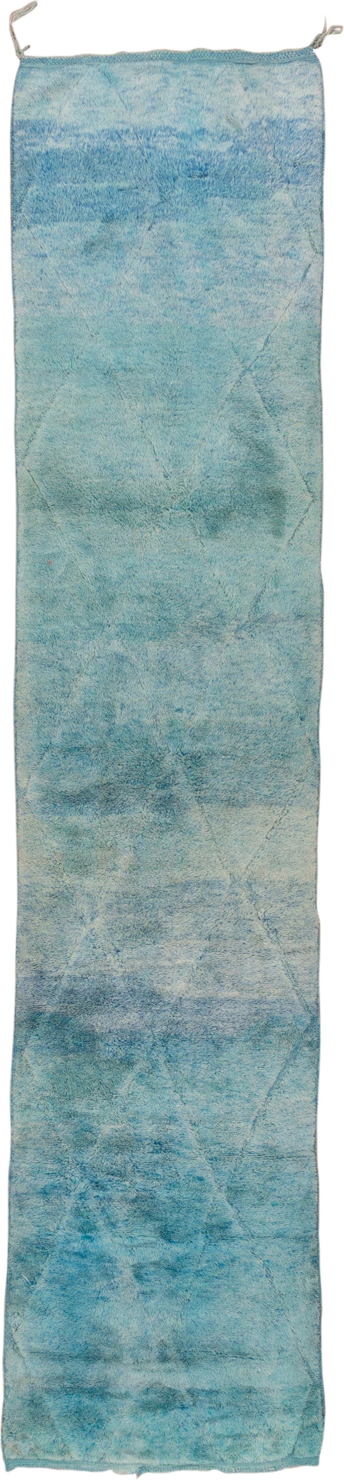 2' x 13' one-of-a-kind handmade vintage Moroccan runner rug. Color palette: aqua, sky blue, turquoise, ivory, teal