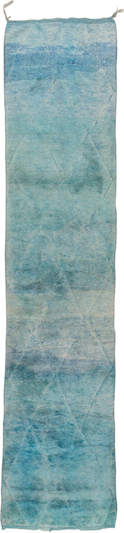 2' x 13' one-of-a-kind handmade vintage Moroccan runner rug. Color palette: aqua, sky blue, turquoise, ivory, teal