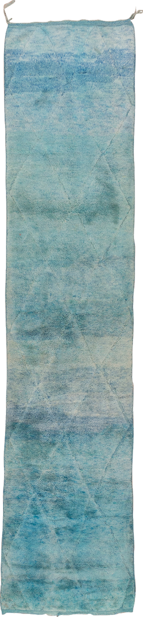 2' x 13' one-of-a-kind handmade vintage Moroccan runner rug. Color palette: blue, dark slate gray, gray, light blue