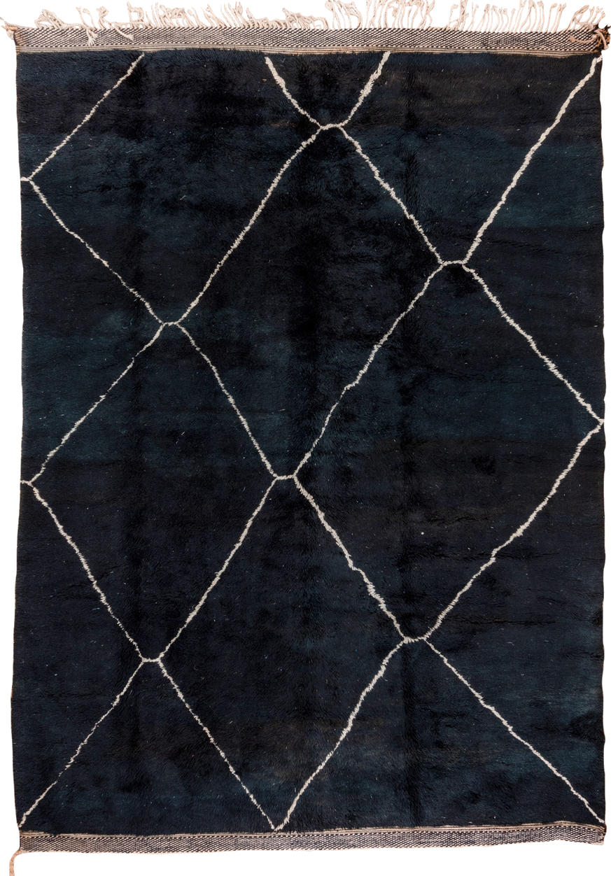 9' x 12' one-of-a-kind handmade vintage Moroccan large size rug. Color palette: antiquewhite, black, blue, charcoal