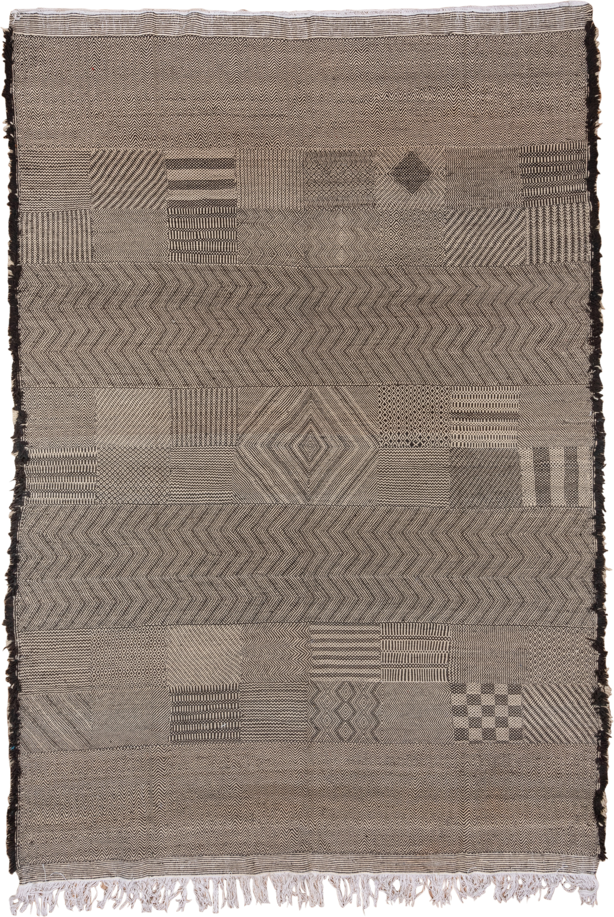8' x 12' one-of-a-kind handmade vintage Kilim large size rug. Color palette: brown, ivory, taupe, charcoal, cream, beige