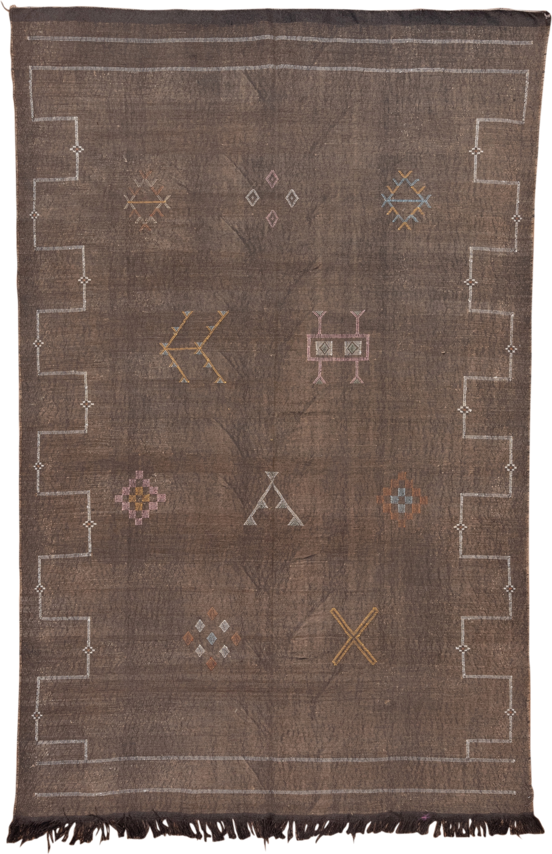 5' x 8' one-of-a-kind handmade vintage Cactus Kilim medium size rug. Color palette: brown, taupe, ivory, blush, ochre, slate