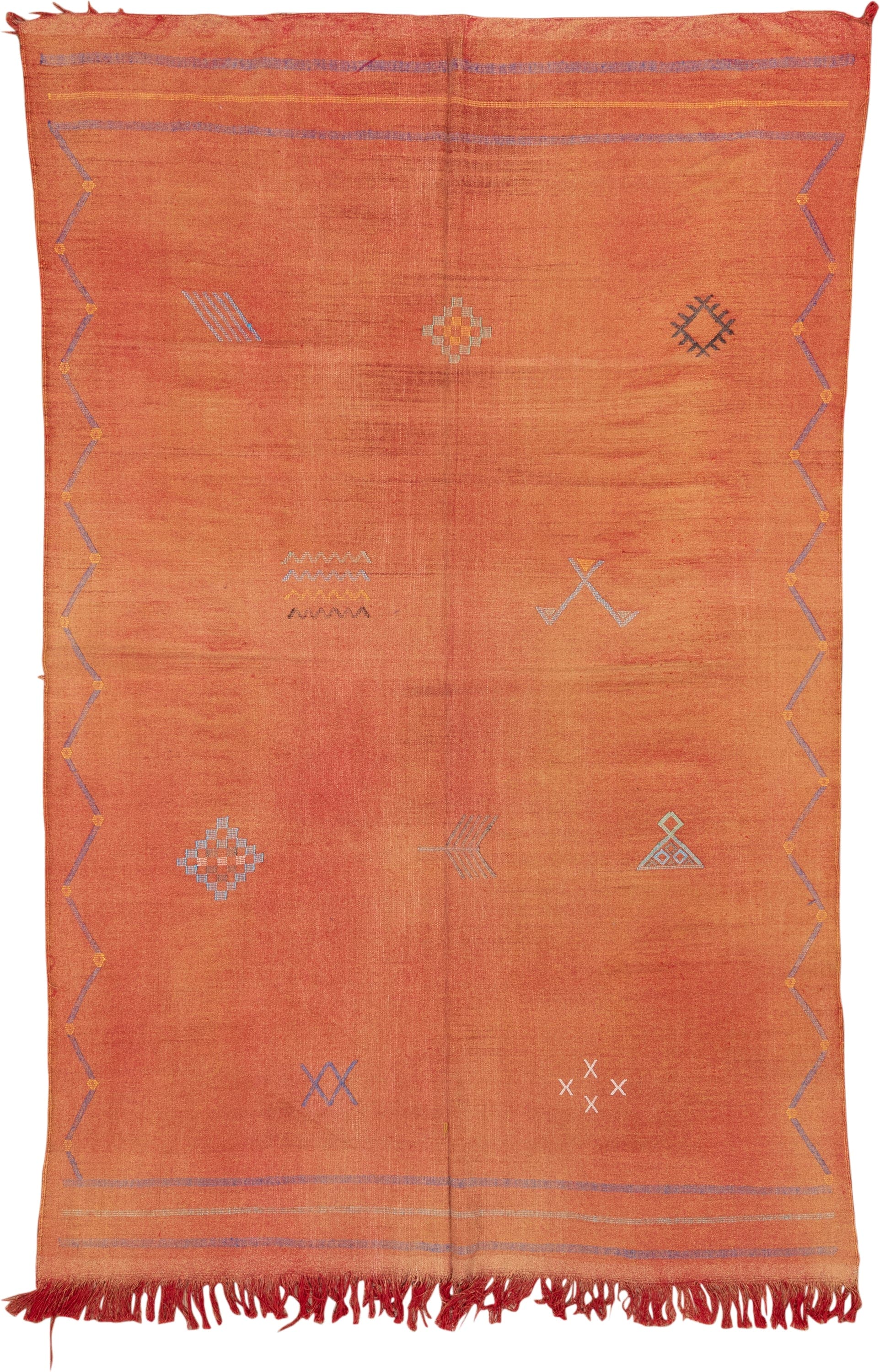 5' x 9' one-of-a-kind handmade vintage Cactus Kilim medium size rug. Color palette: terra cotta, rust, dusty lavender, gold