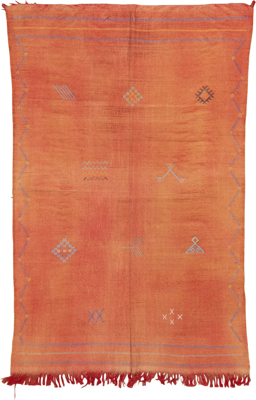 5' x 9' one-of-a-kind handmade vintage Cactus Kilim medium size rug. Color palette: terra cotta, rust, dusty lavender, gold