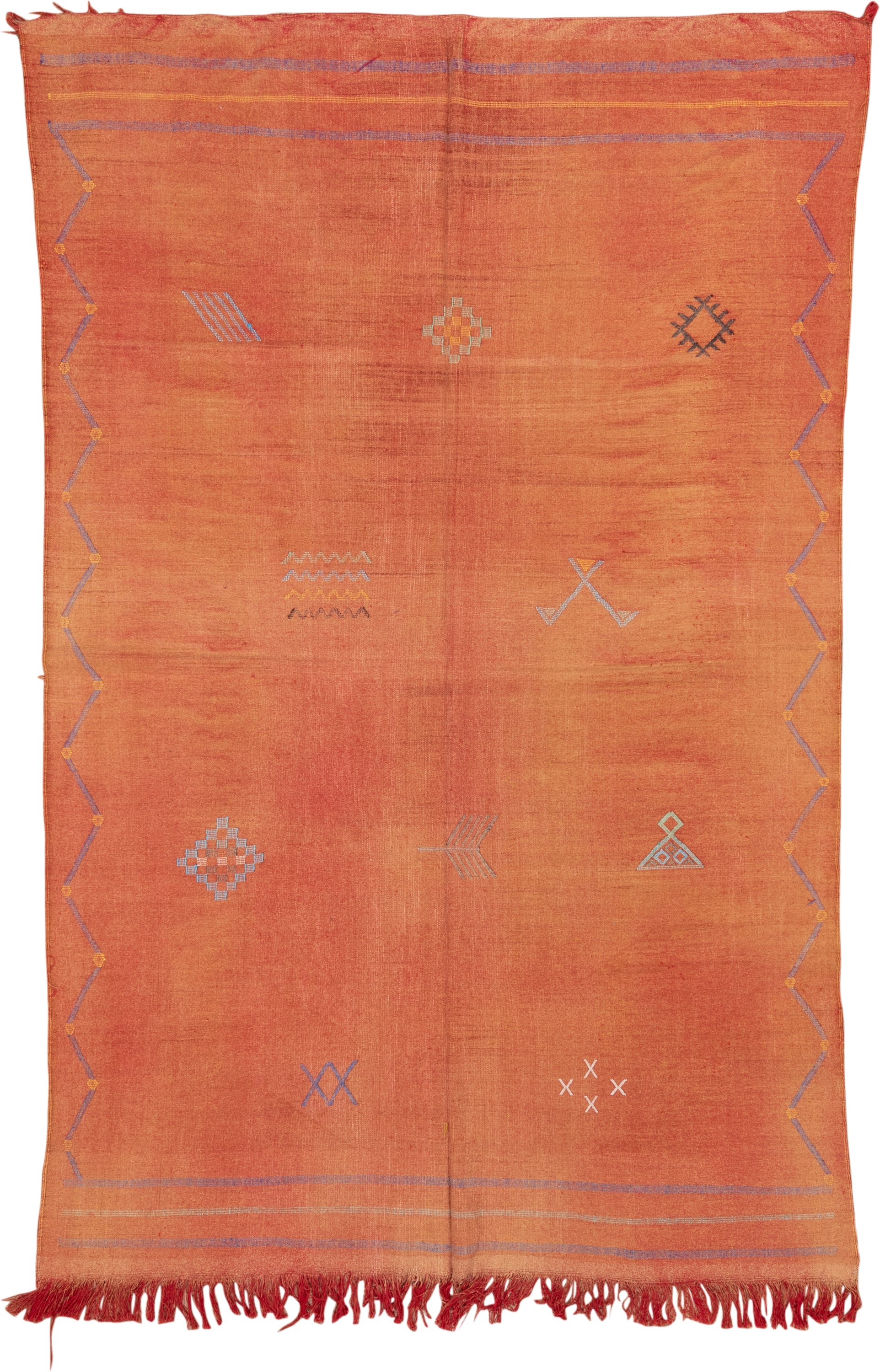 5' x 9' one-of-a-kind handmade vintage Cactus Kilim medium size rug. Color palette: terra cotta, rust, dusty lavender, gold