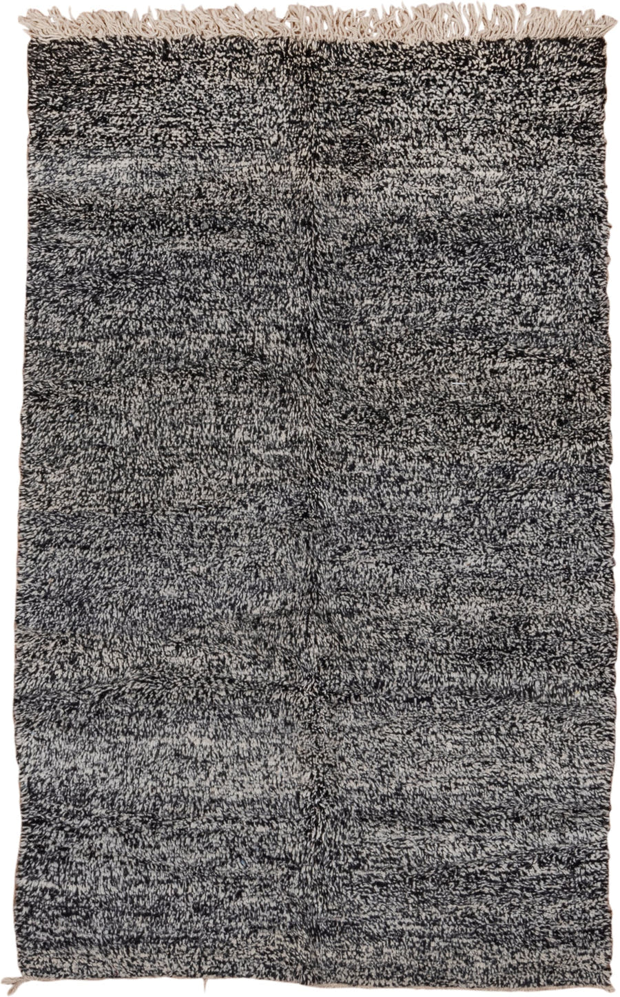 5' x 7' one-of-a-kind handmade vintage Moroccan rug. Color palette: charcoal, ivory, black, cream, gray