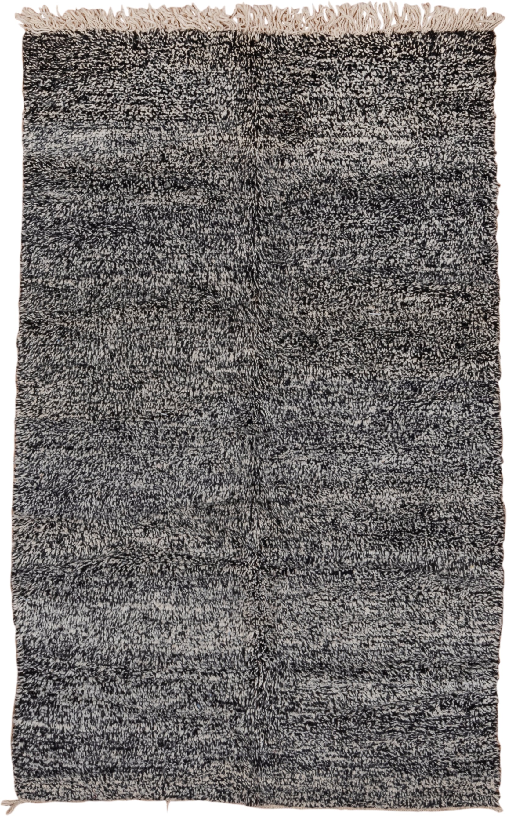 5' x 7' one-of-a-kind handmade vintage Moroccan rug. Color palette: charcoal, ivory, black, cream, gray