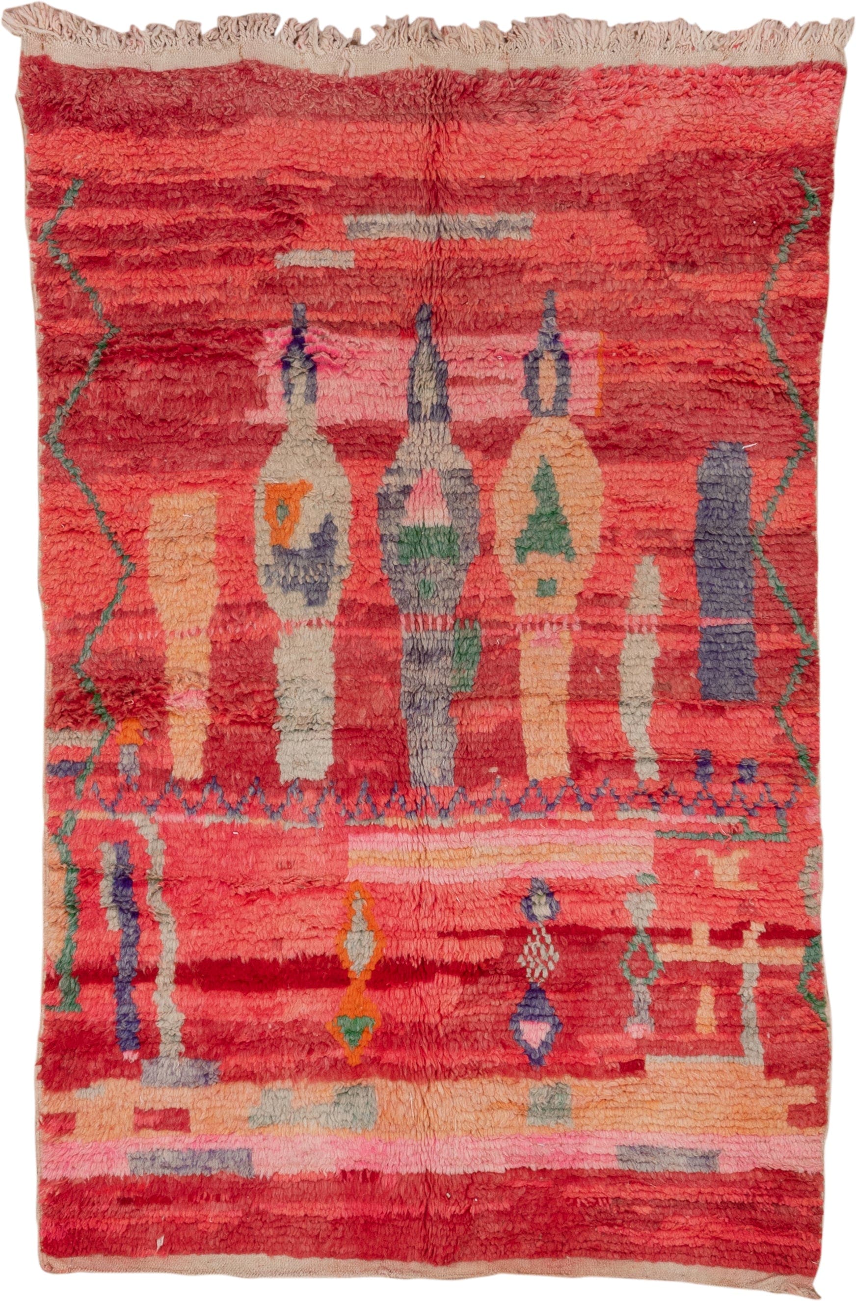 5' x 7' one-of-a-kind handmade vintage Moroccan rug. Color palette: coral, red, crimson, peach, pink, ivory, sage, lavender