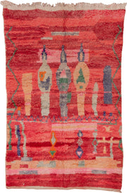 5' x 7' one-of-a-kind handmade vintage Moroccan rug. Color palette: coral, red, crimson, peach, pink, ivory, sage, lavender