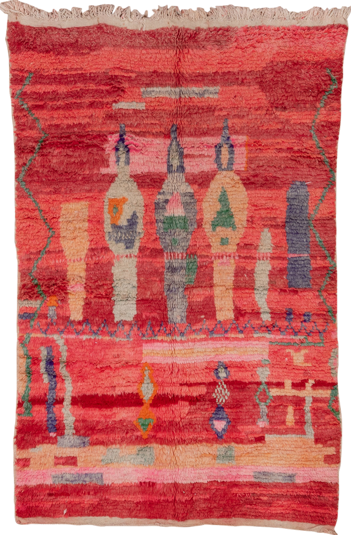 5' x 7' one-of-a-kind handmade vintage Moroccan rug. Color palette: brown, gray, indian red, pink, red