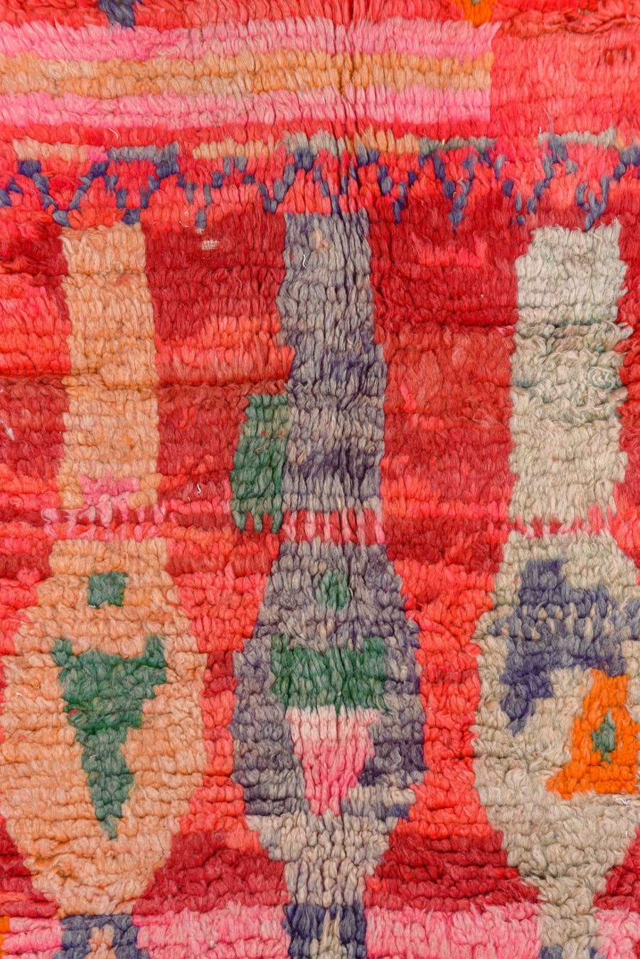 5' x 7' one-of-a-kind handmade vintage Moroccan rug. Color palette: coral, red, crimson, peach, pink, ivory, sage, lavender