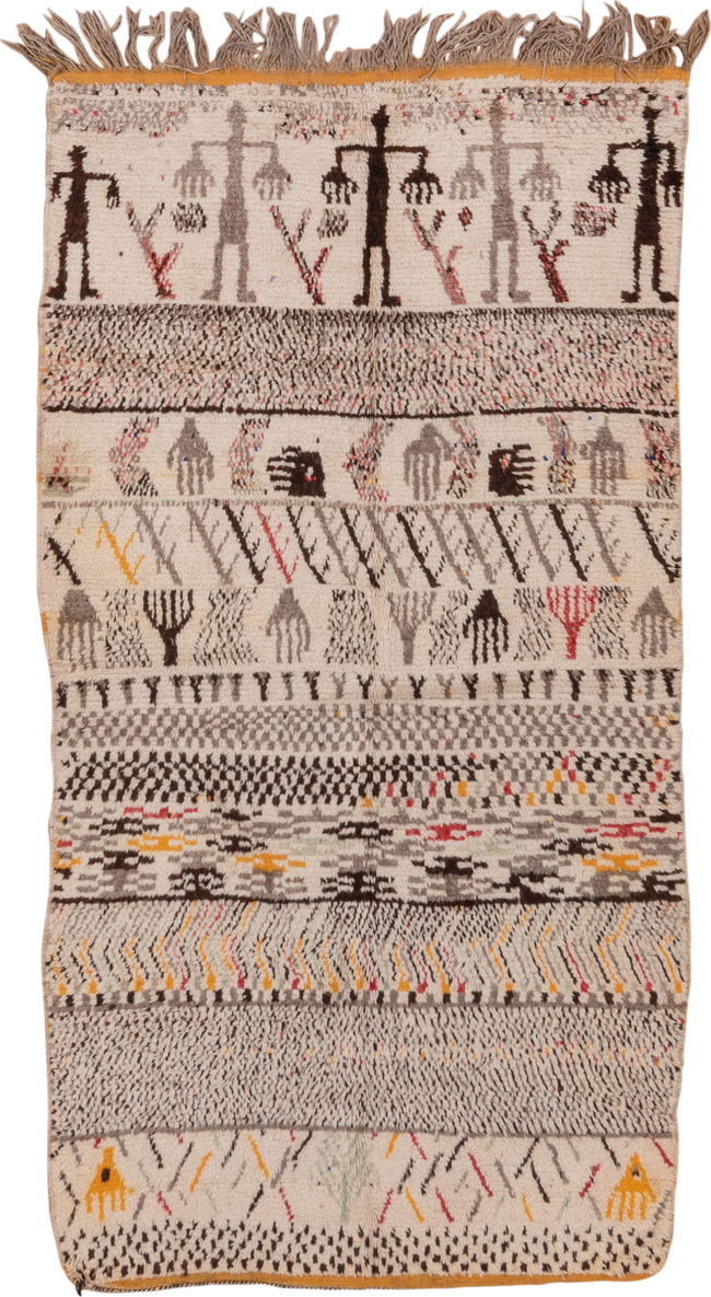 4' x 8' one-of-a-kind handmade vintage Moroccan rug. Color palette: ivory, taupe, charcoal, brown, saffron, rose, coral