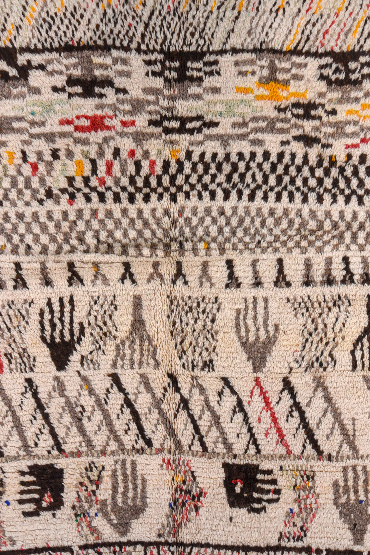 4' x 8' one-of-a-kind handmade vintage Moroccan rug. Color palette: ivory, taupe, charcoal, brown, saffron, rose, coral