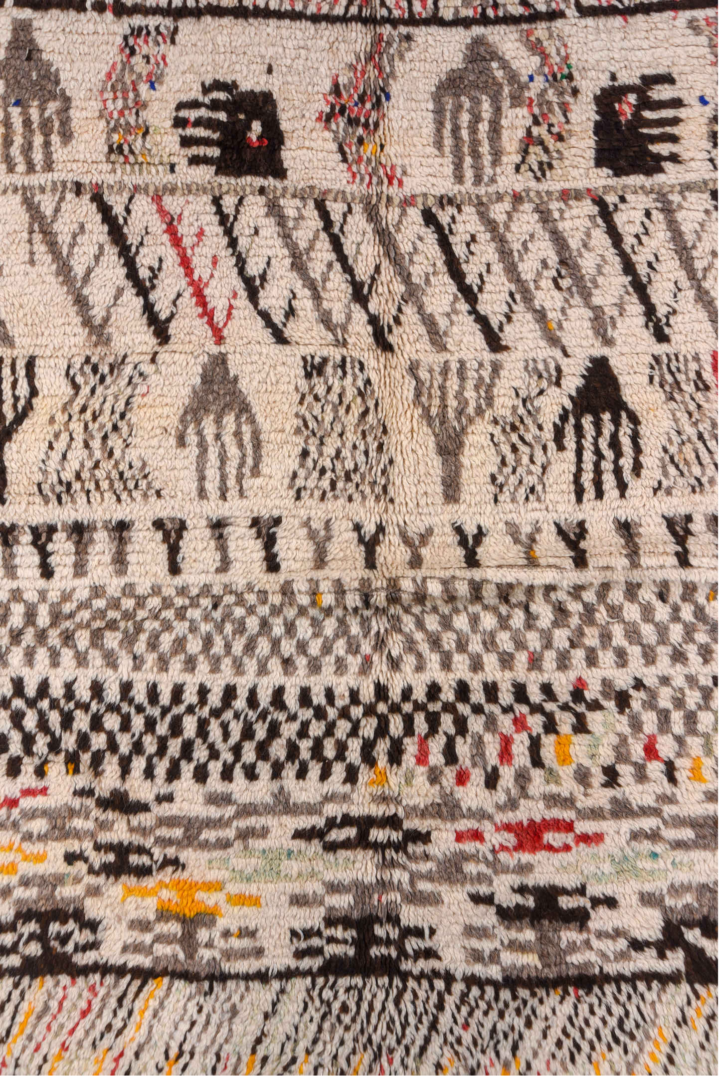 4' x 8' one-of-a-kind handmade vintage Moroccan rug. Color palette: brown, gray, light gray, off-white, orange, peru, pink