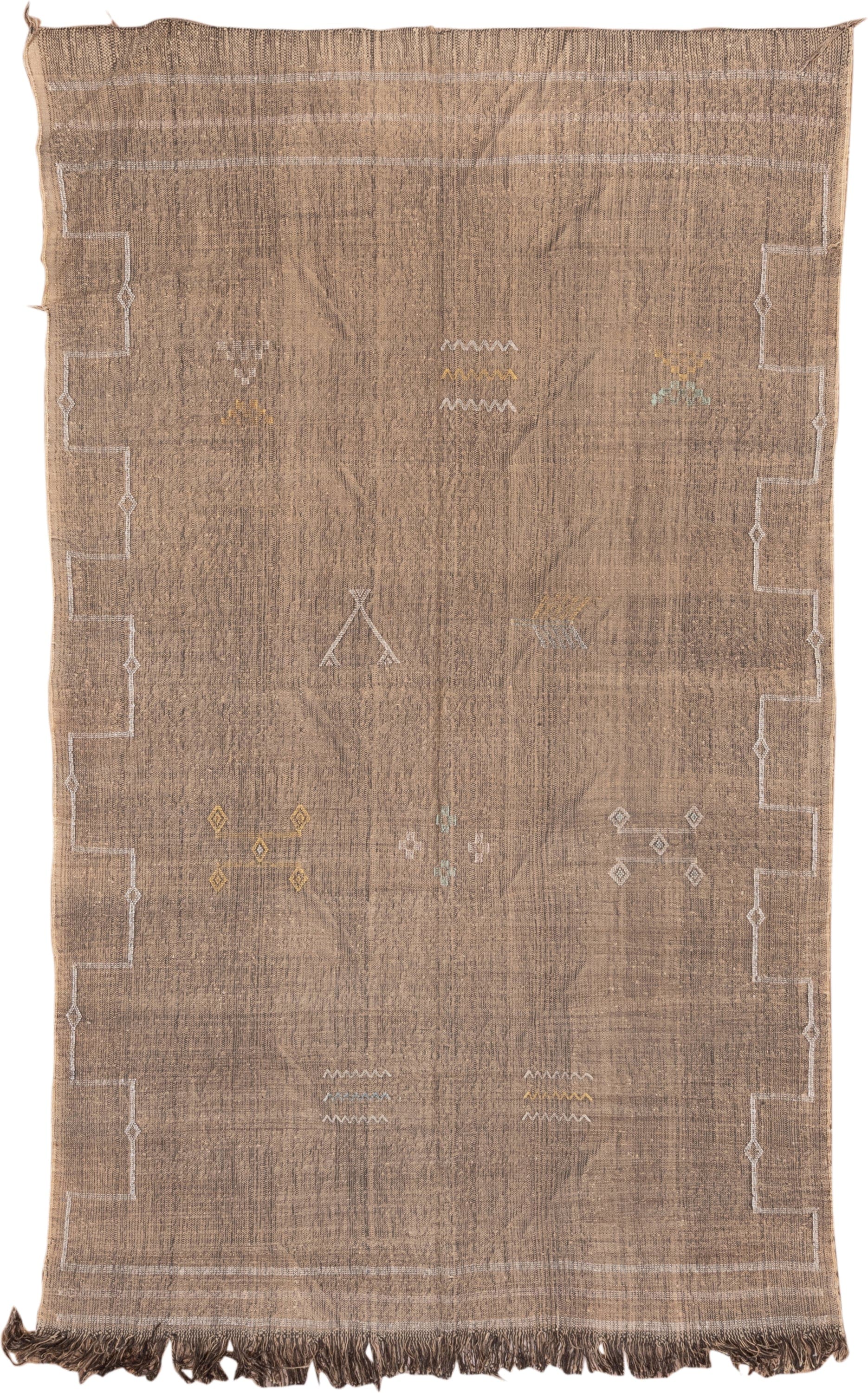 5' x 8' one-of-a-kind handmade vintage Cactus Kilim medium size rug. Color palette: taupe, brown, ivory, camel, gold, aqua