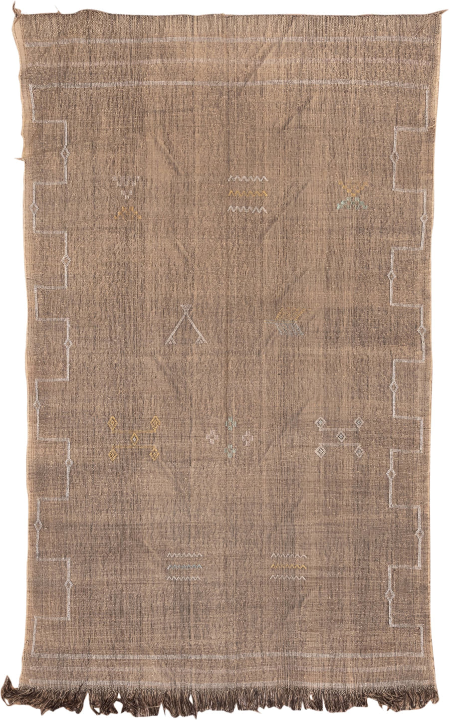 5' x 8' one-of-a-kind handmade vintage Cactus Kilim medium size rug. Color palette: taupe, brown, ivory, camel, gold, aqua