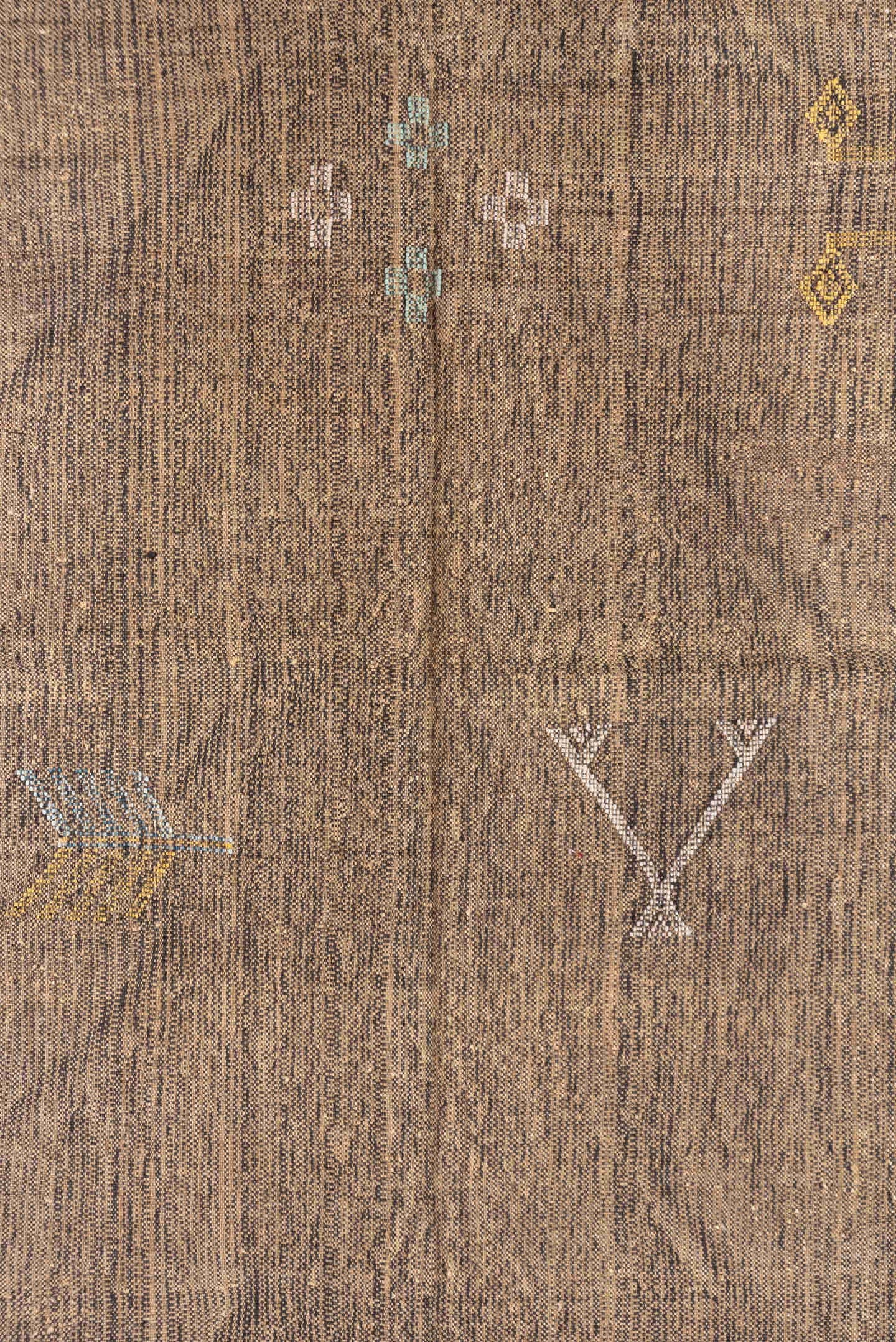 5' x 8' one-of-a-kind handmade vintage Cactus Kilim medium size rug. Color palette: taupe, brown, ivory, camel, gold, aqua