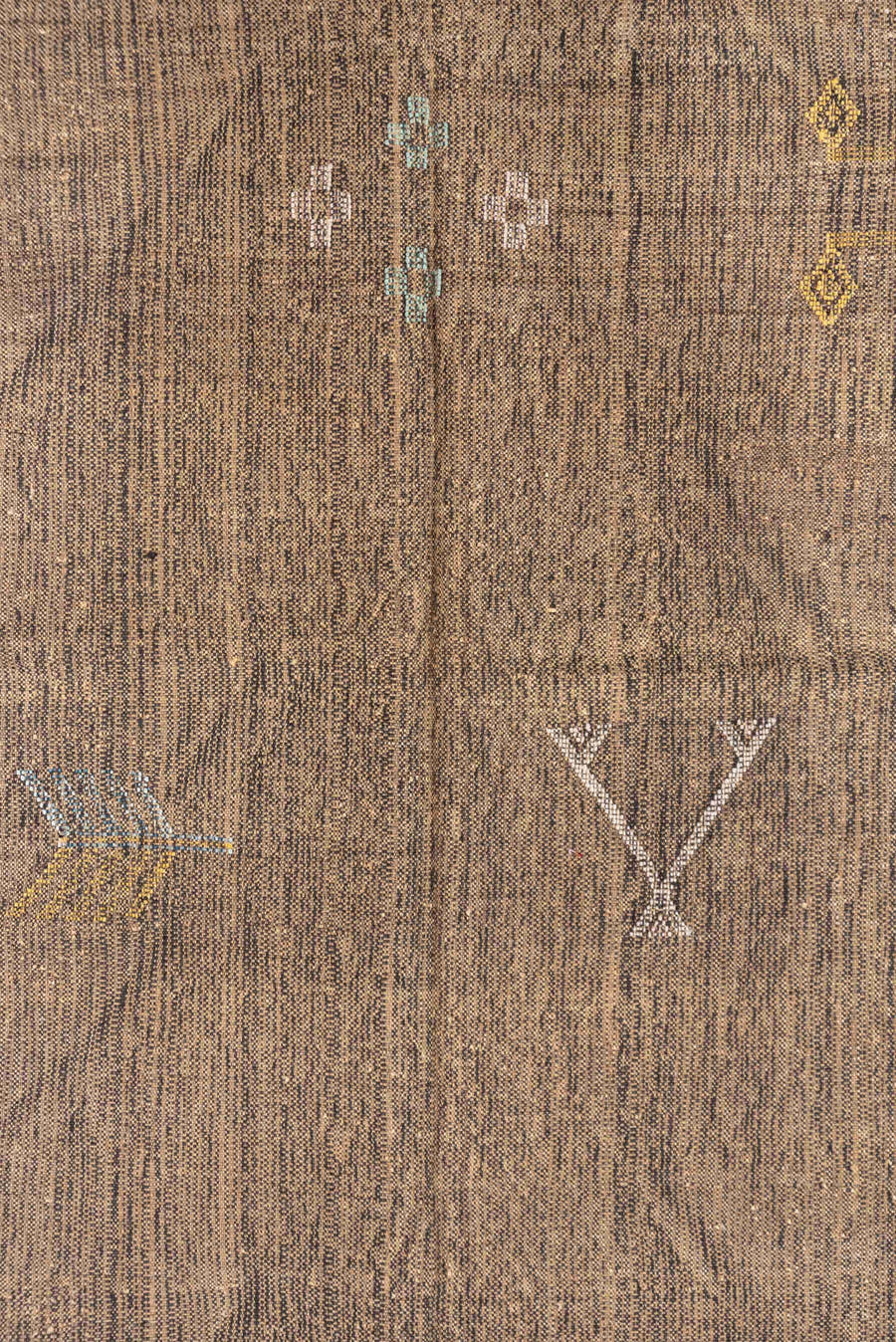 5' x 8' one-of-a-kind handmade vintage Cactus Kilim medium size rug. Color palette: taupe, brown, ivory, camel, gold, aqua