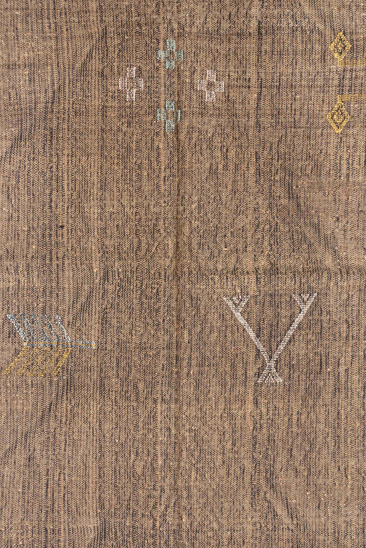 5' x 8' one-of-a-kind handmade vintage Cactus Kilim medium size rug. Color palette: taupe, brown, ivory, camel, gold, aqua