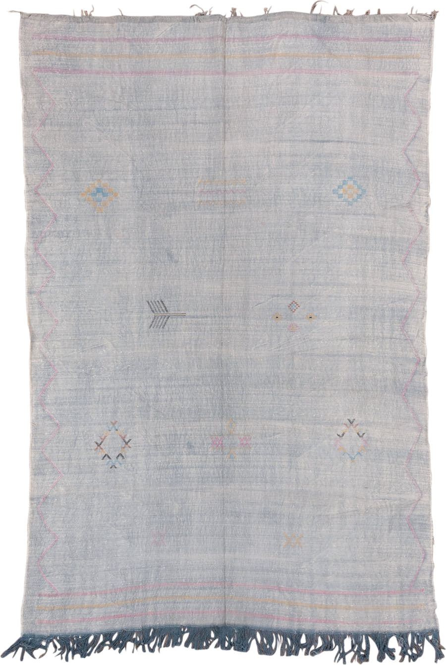 6' x 9' one-of-a-kind handmade vintage Cactus Kilim medium size rug. Color palette: pale blue, pink, ivory, gold, charcoal