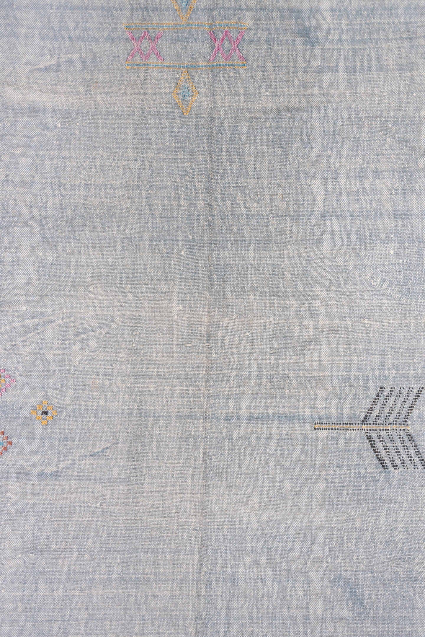 6' x 9' one-of-a-kind handmade vintage Cactus Kilim medium size rug. Color palette: pale blue, pink, ivory, gold, charcoal