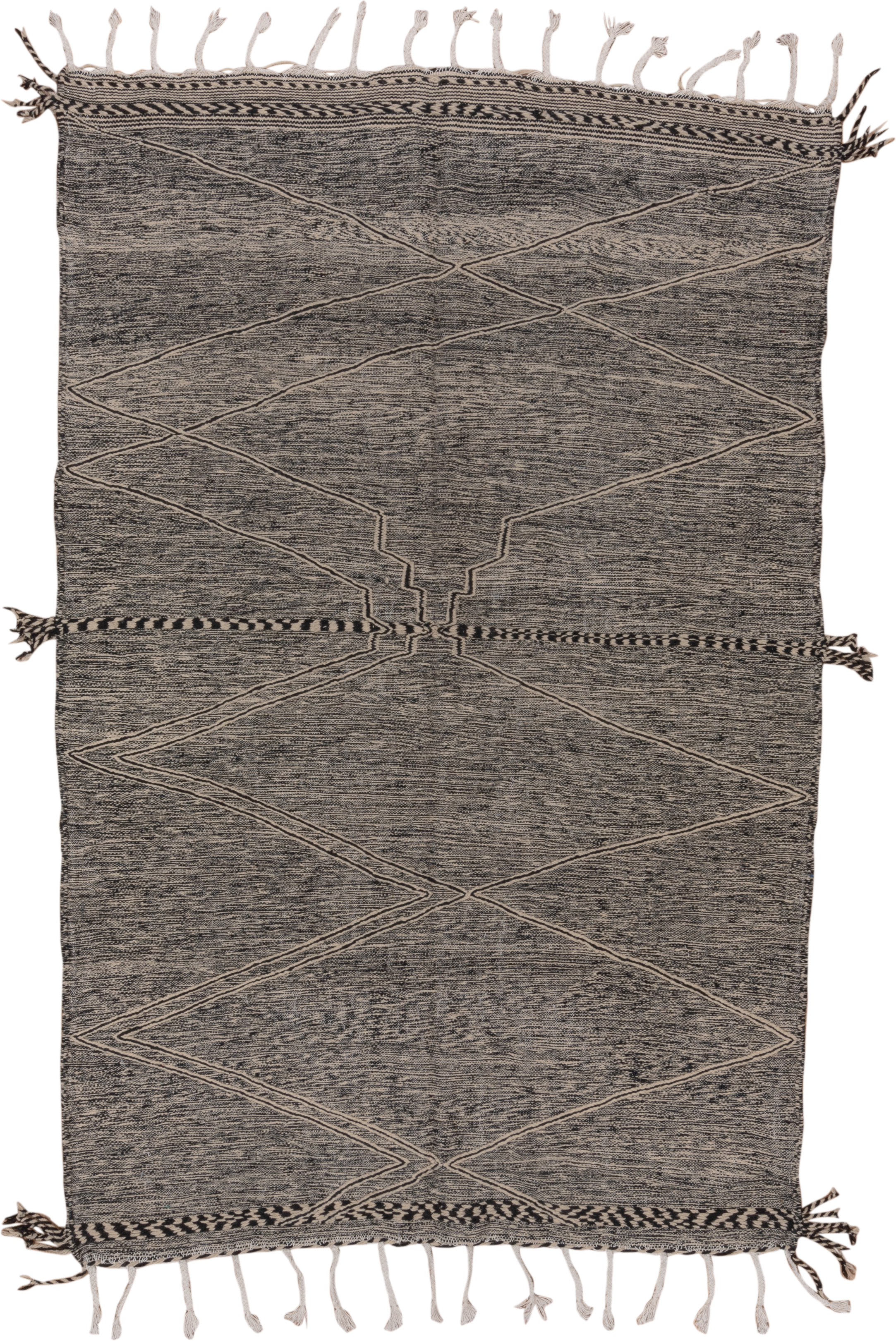 6' x 10' one-of-a-kind handmade vintage Kilim large size rug. Color palette: charcoal, ivory, taupe, gray, black, beige