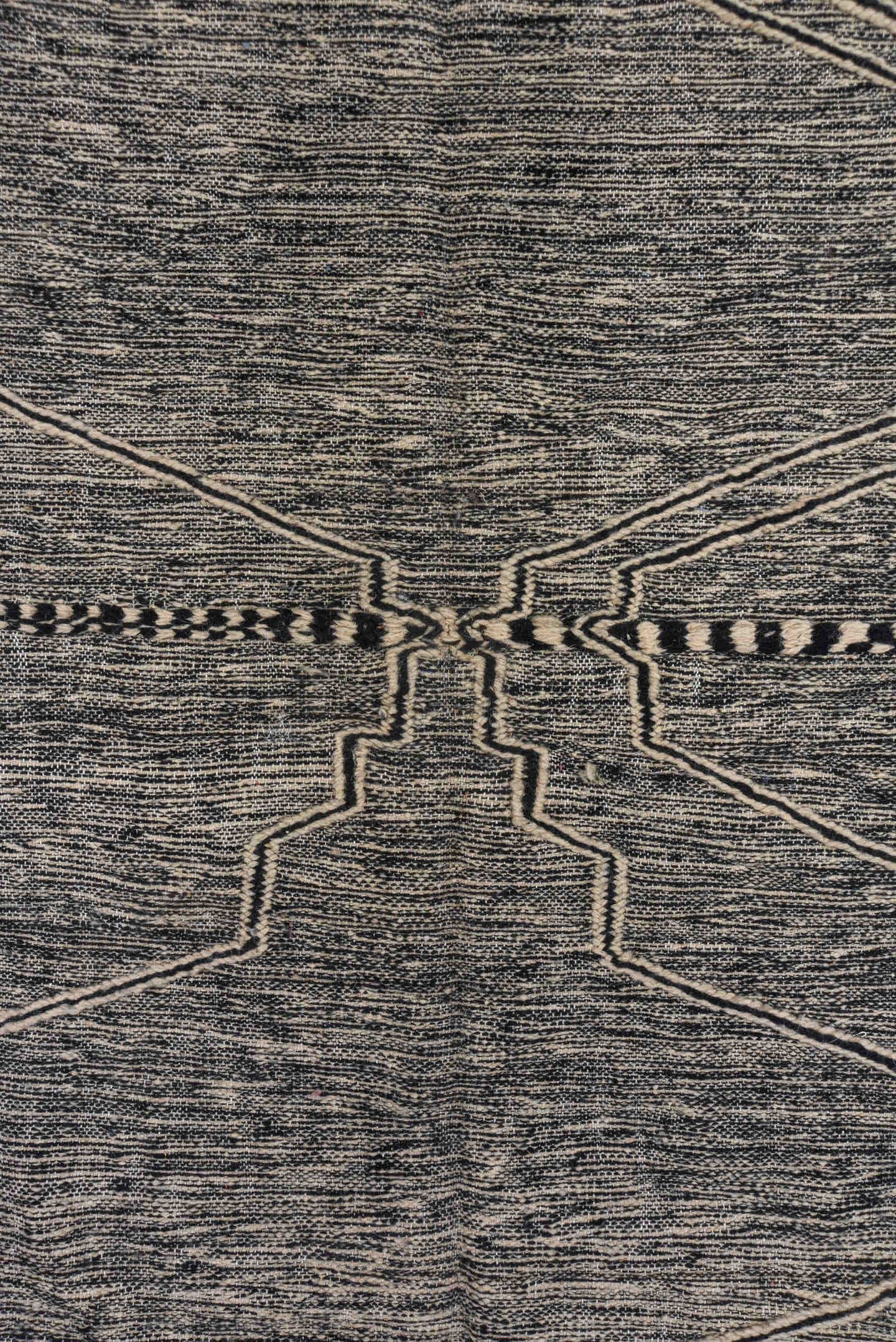 6' x 10' one-of-a-kind handmade vintage Kilim large size rug. Color palette: charcoal, ivory, taupe, gray, black, beige