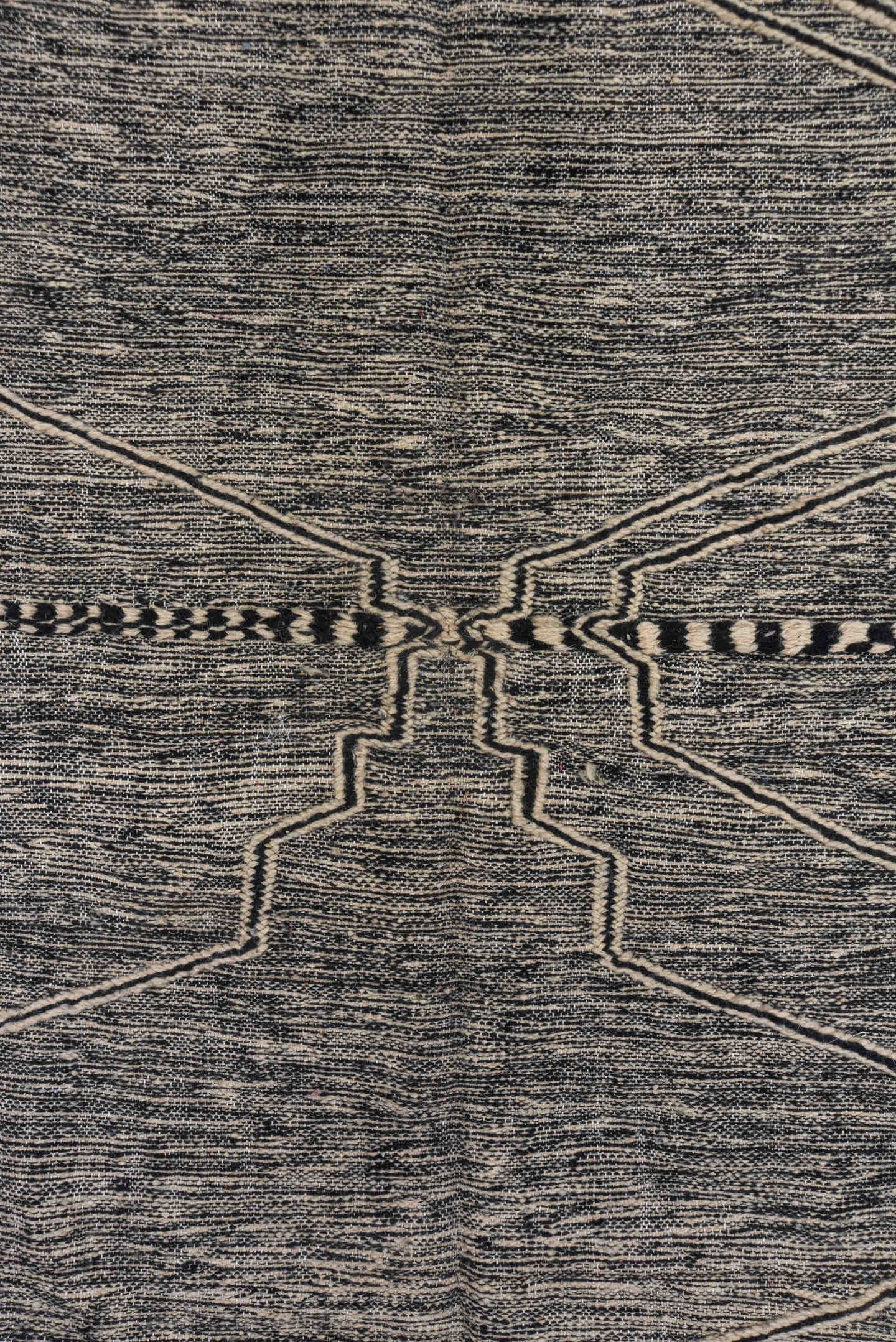 6' x 10' one-of-a-kind handmade vintage Kilim large size rug. Color palette: charcoal, ivory, taupe, gray, black, beige