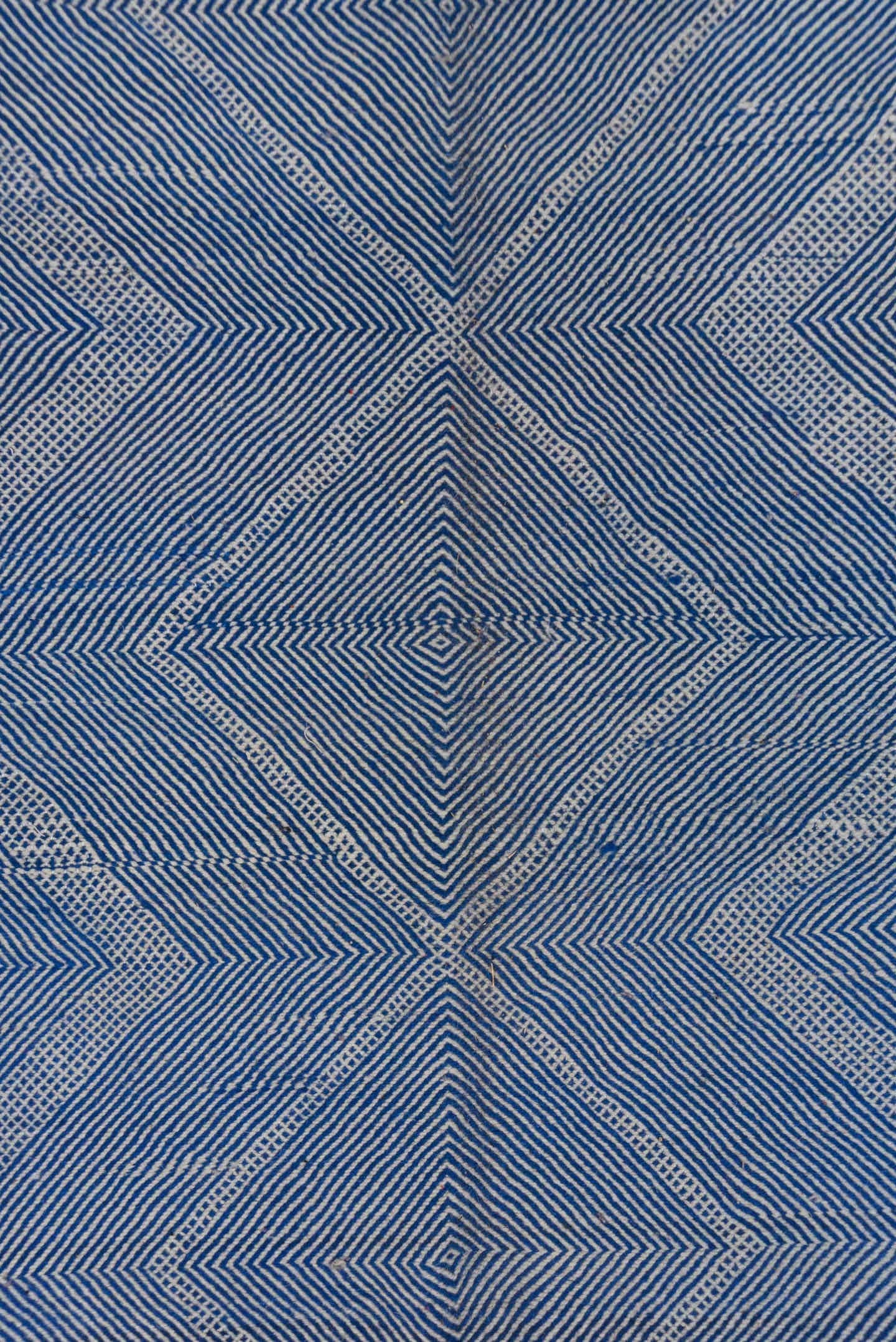 7' x 10' one-of-a-kind handmade vintage Kilim large size rug. Color palette: blue, ivory