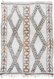 5' x 8' one-of-a-kind handmade vintage Moroccan medium size rug. Color palette: ivory, charcoal, rust, saffron, gray, black