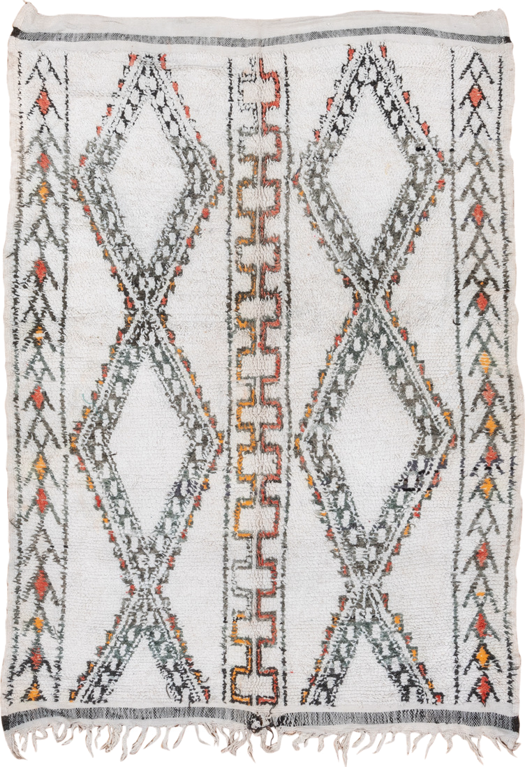 5' x 8' one-of-a-kind handmade vintage Moroccan medium size rug. Color palette: ivory, charcoal, rust, saffron, gray, black