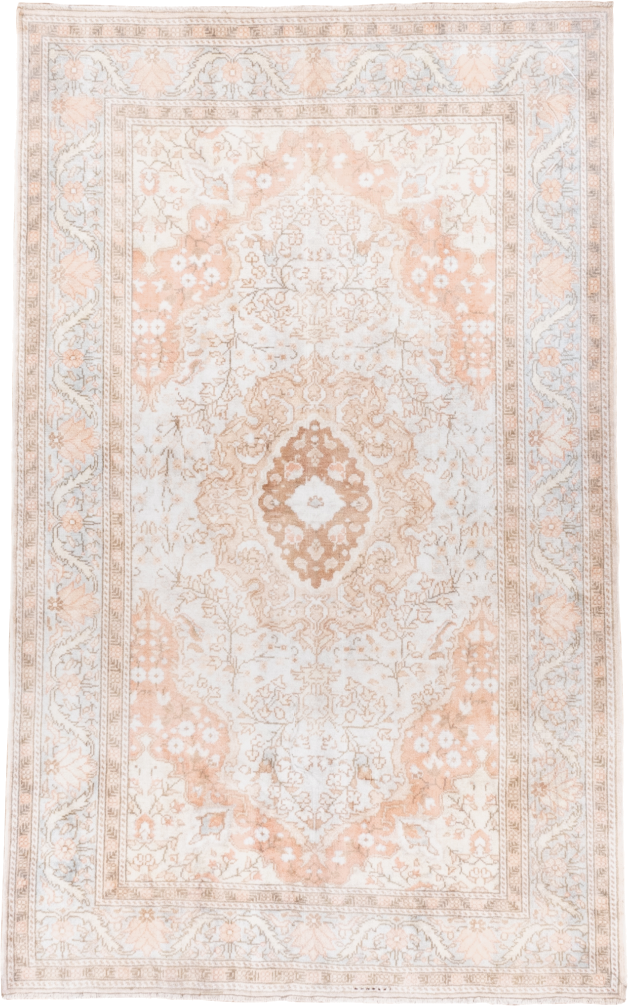 3' x 6' one-of-a-kind handmade antique Kaisary small size rug. Color palette: ivory, blush, peach, pale blue, taupe, beige