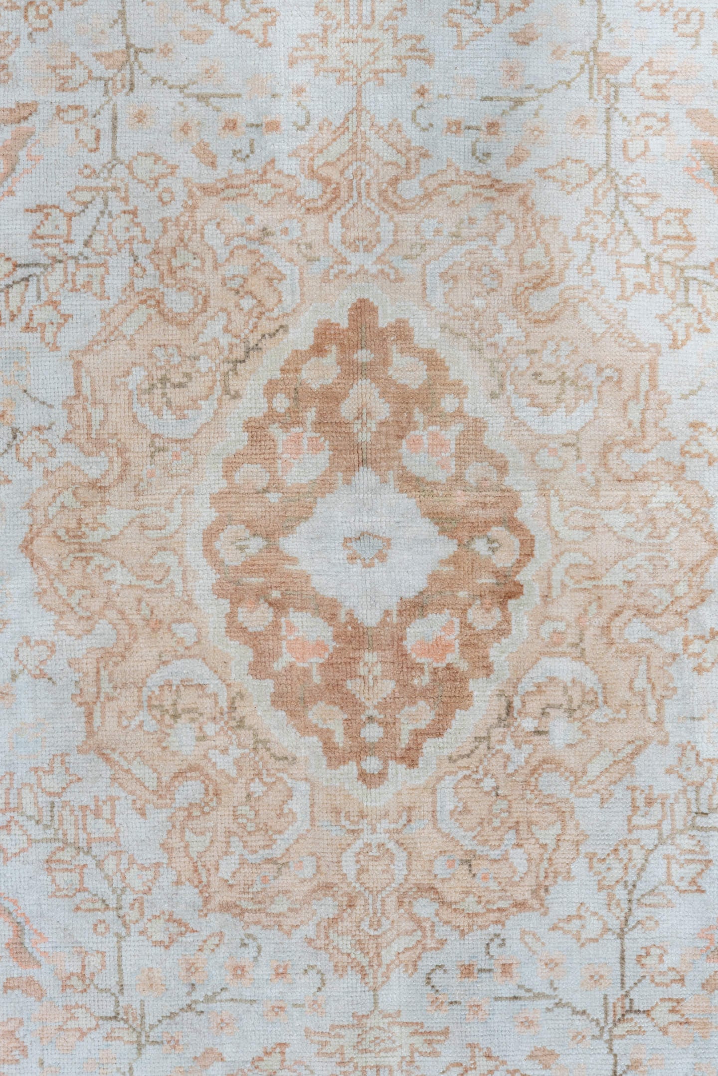 3' x 6' one-of-a-kind handmade antique Kaisary small size rug. Color palette: ivory, blush, peach, pale blue, taupe, beige