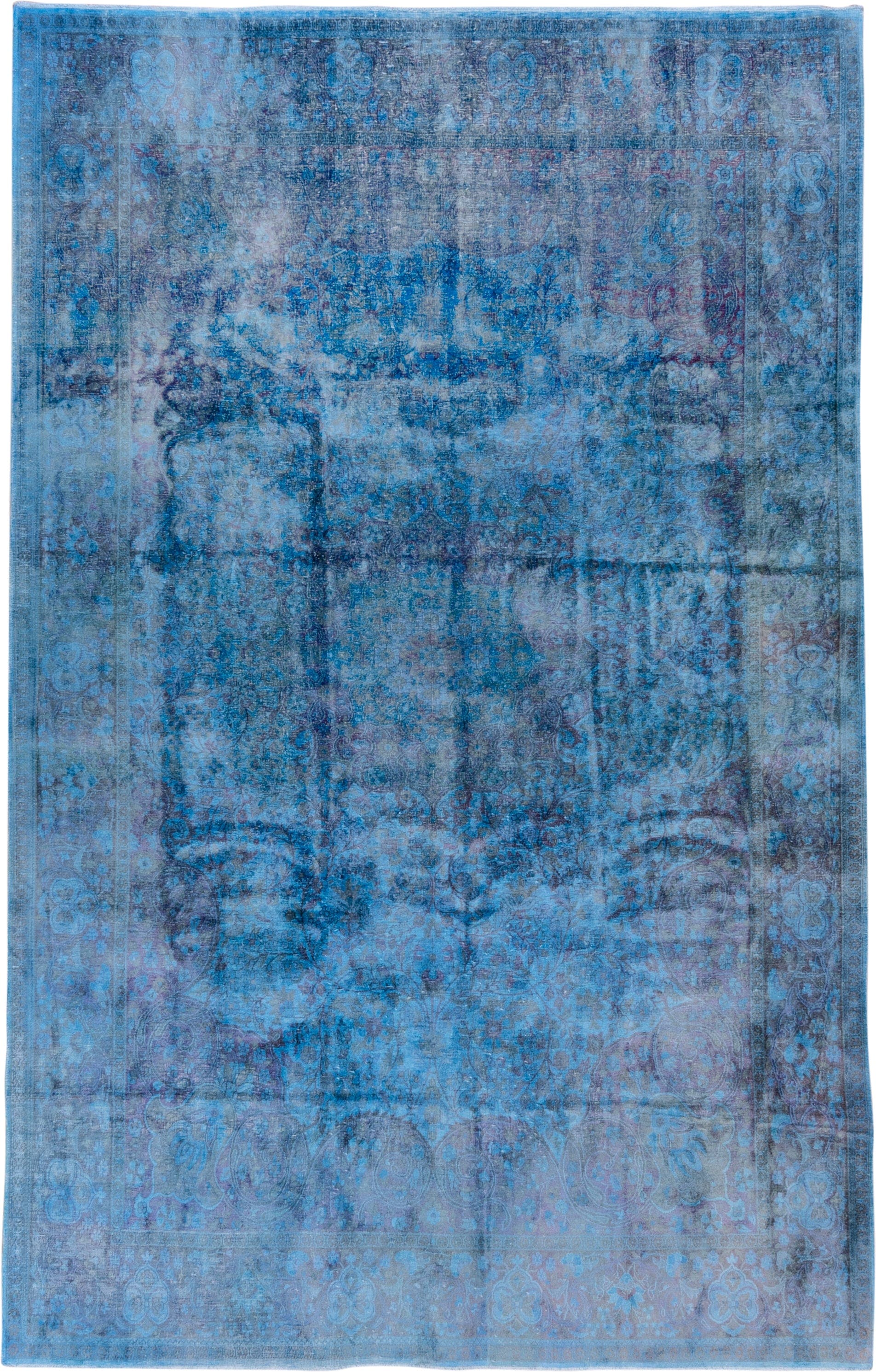 5' x 9' one-of-a-kind handmade antique Overdyed medium size rug. Color palette: sky blue, azure, slate, indigo, lavender
