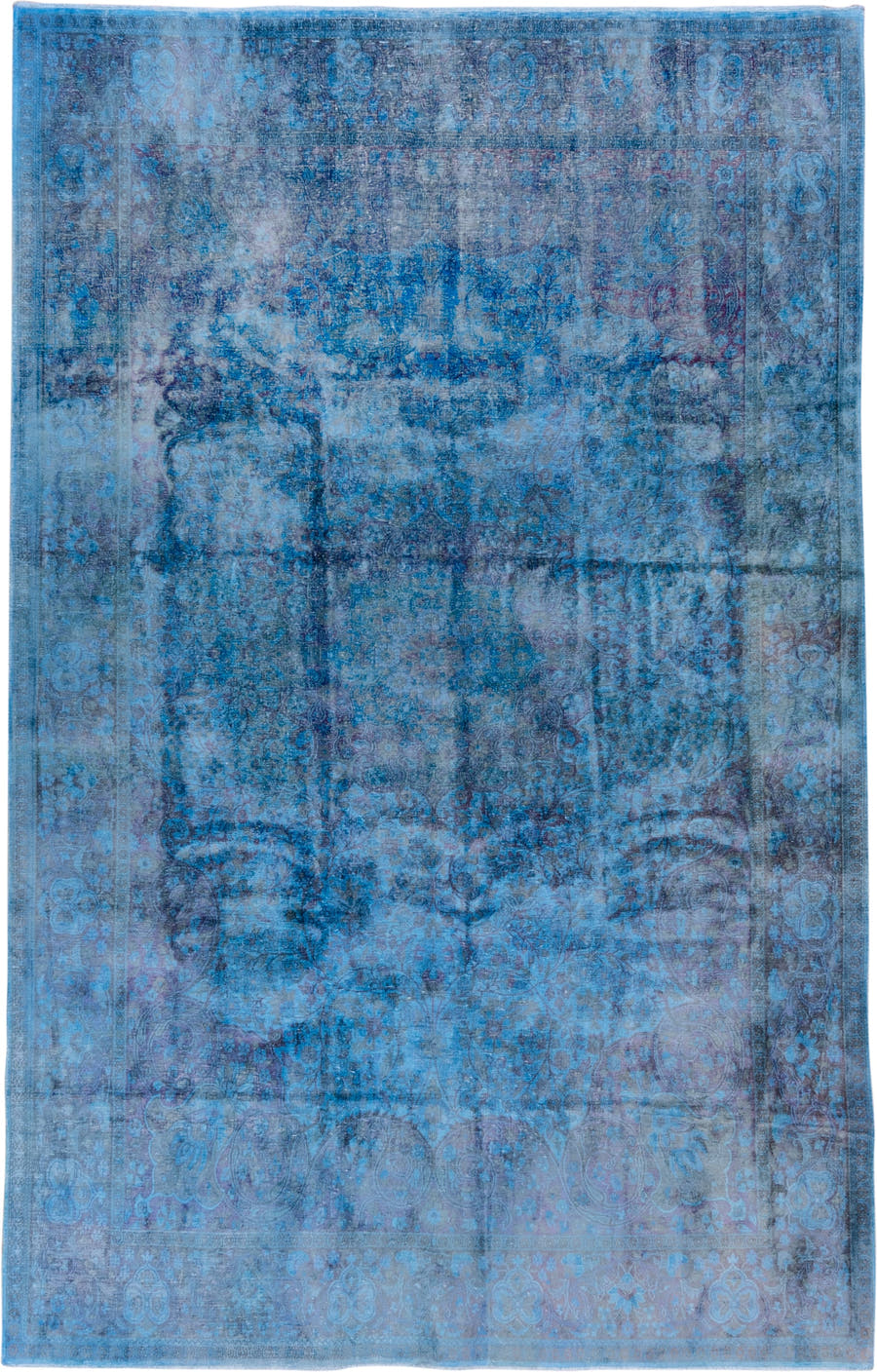 5' x 9' one-of-a-kind handmade antique Overdyed medium size rug. Color palette: sky blue, azure, slate, indigo, lavender